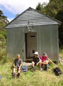 Diane's Hut, with Les, Geraldine and Jude taking a break.