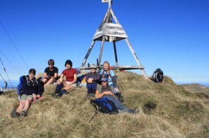 The trig at Taraponui, a good place for a group photo