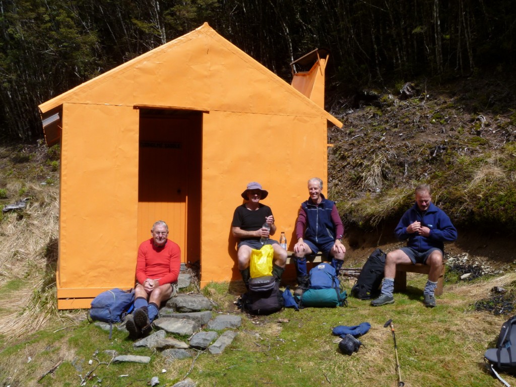 Ted, Matt, John and Murray enjoying the sunshine at Stuholme Hut. Photo by Geoff.