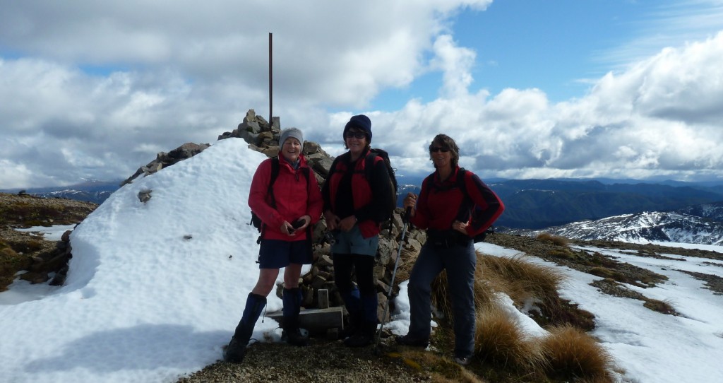 The girls at the memorial cairn on Kaweka J, Alison, Rosemary and Robyn