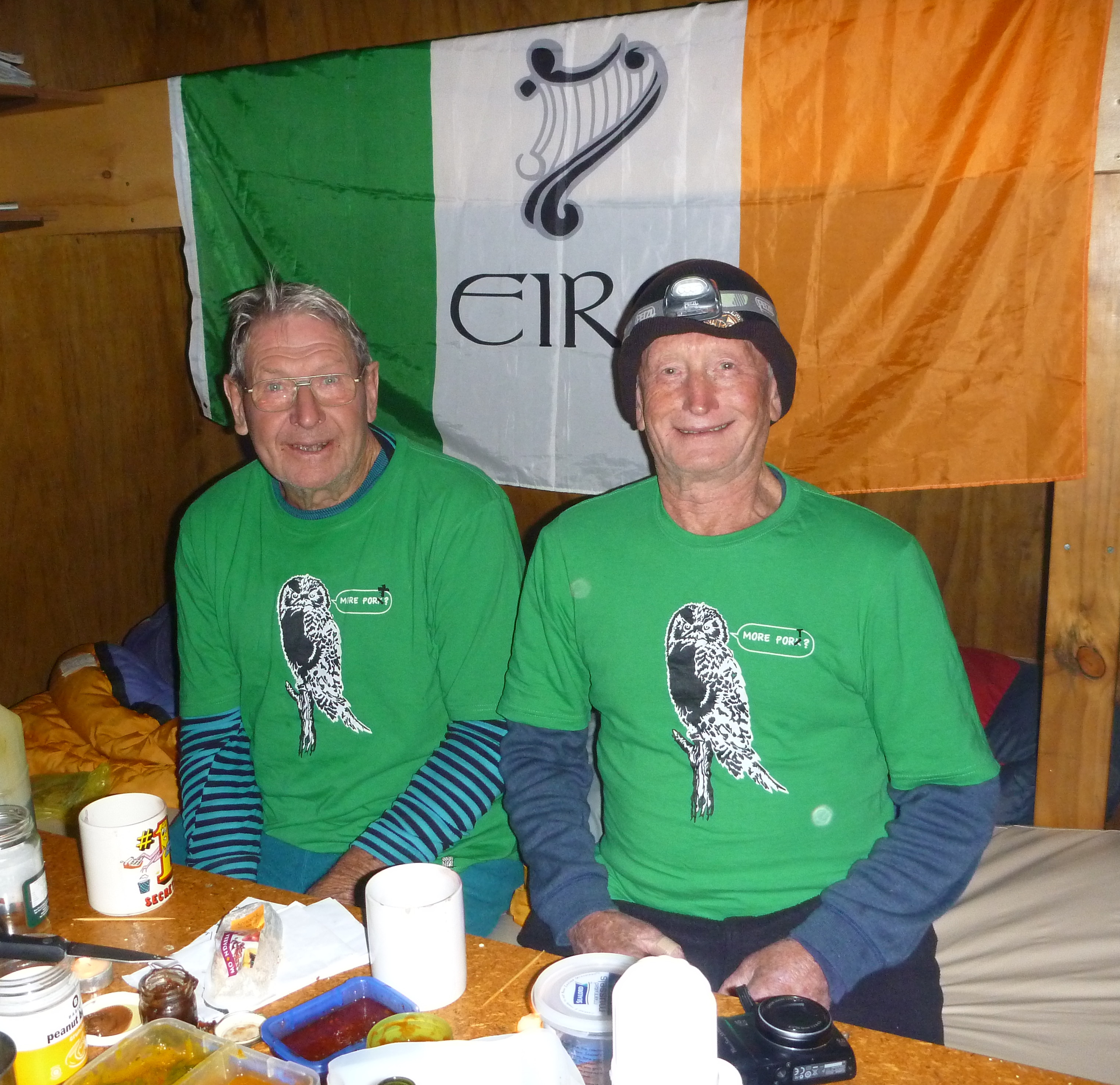 The hut wardens, Ted and Paul in their green garb