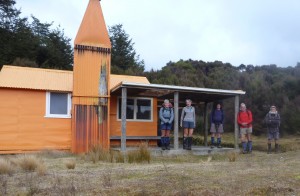 The group photo before heading out from Middle Hill Hut