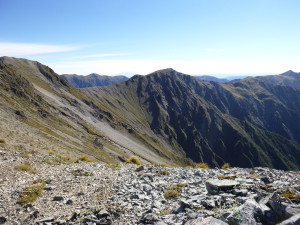On the ridge descending to Smith Stream Hut, looking back at Rangioteatua